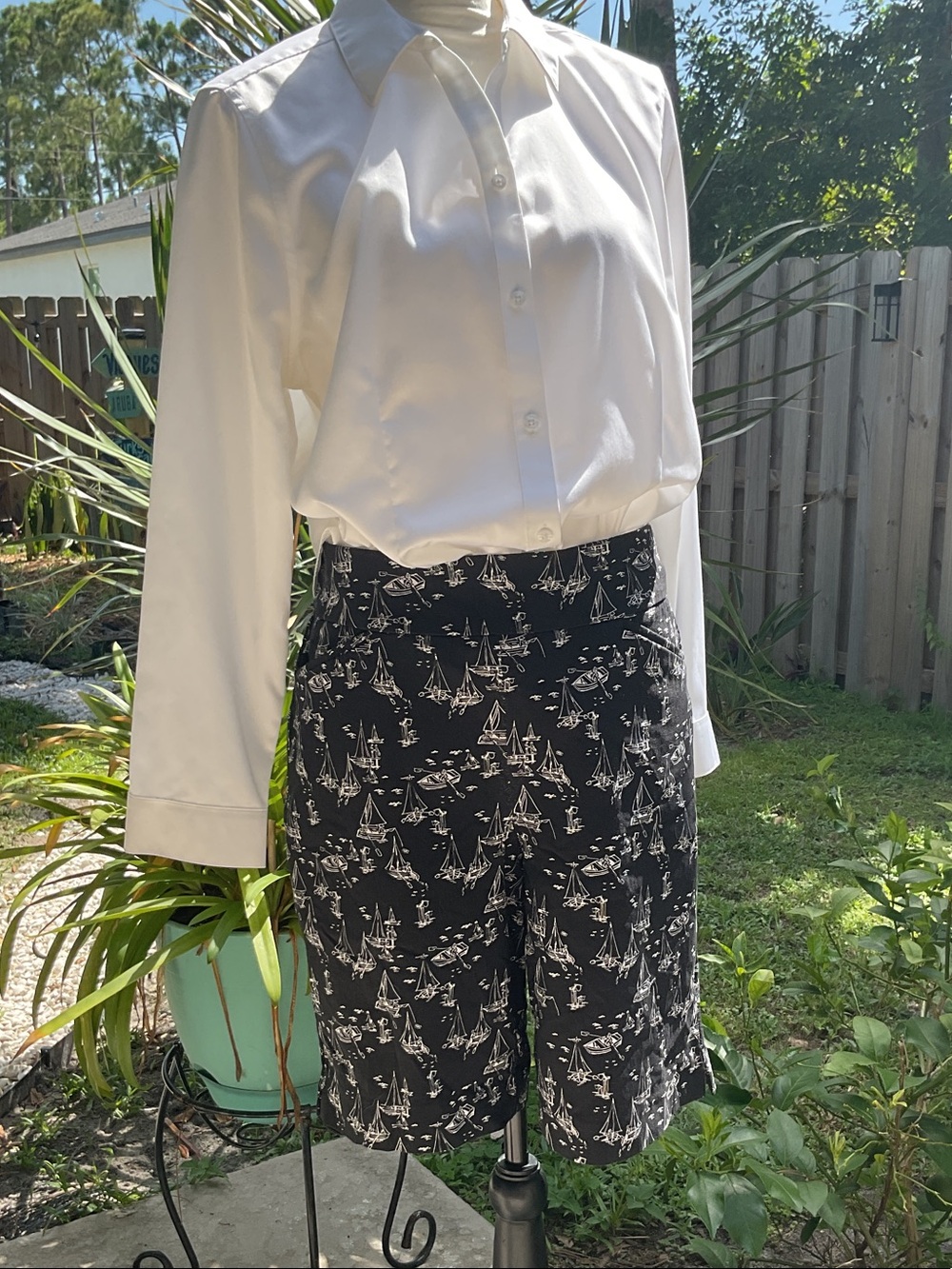 Chico's Black Bermuda Shorts with White Sailboat Print